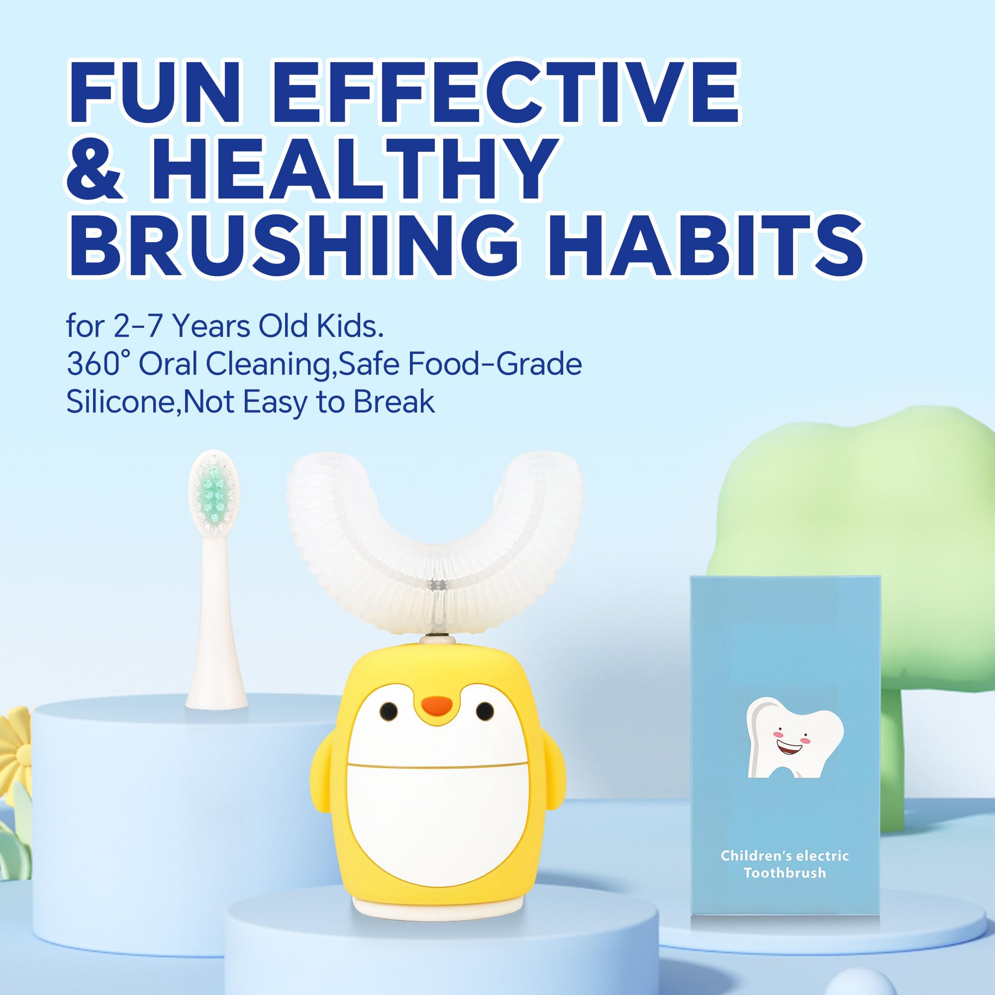 Renaelelife Kids Sonic Electric Toothbrush - U-Shaped, 5 Modes, IPX7, 2-7 yrs, Yellow Penguin