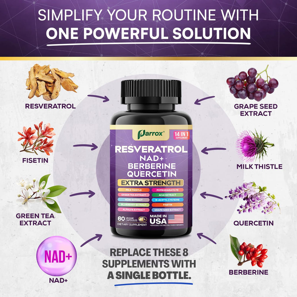 Resveratrol 14-in-1 Extra Strength Supplement (120 Caps) – NAD+, NAC, Milk Thistle & More