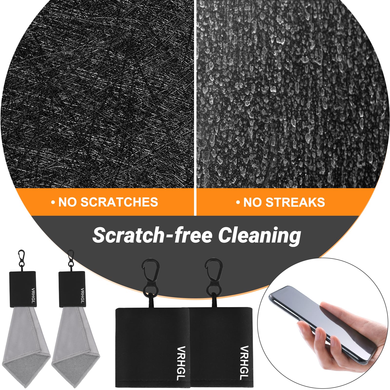 2-Sided Portable Glasses Cleaner Cloth Keychain | Reusable Microfiber Kit 6x6 in – Black