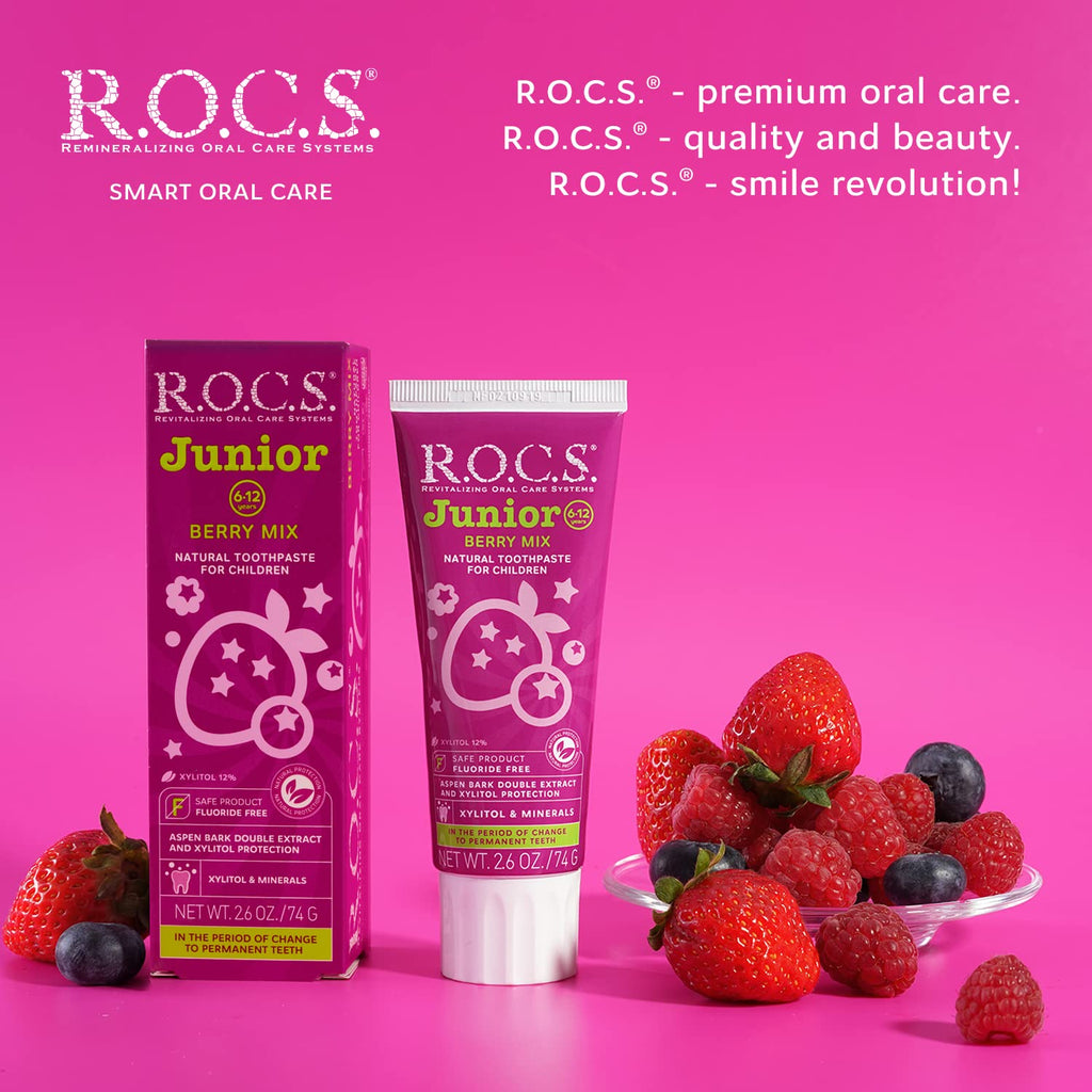 R.O.C.S. Junior Toothpaste Berry Mix – Enamel Whitening, No Fluoride – Safe to Swallow (6-12 yrs)