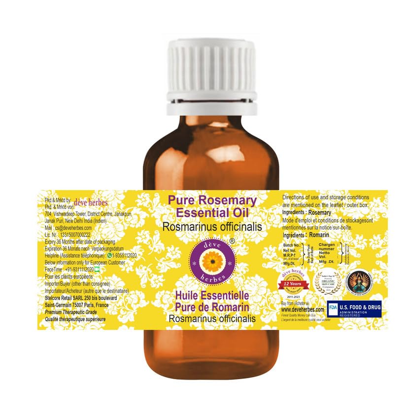 Deve Herbes Pure Rosemary Essential Oil (Rosmarinus officinalis) Steam Distilled 100ml (3.38 oz)