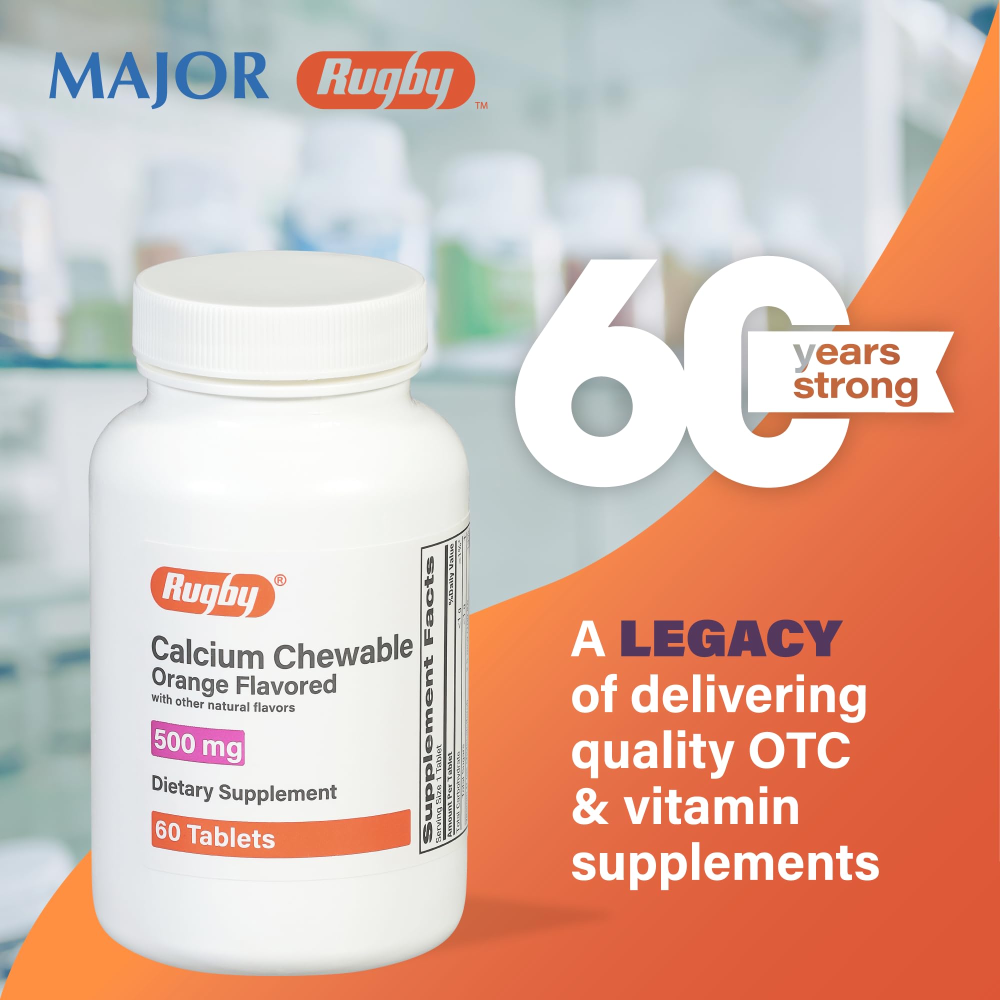 Rugby 500mg Calcium Chewable Tablets – Orange Flavor – 60 Count (4 Pack)