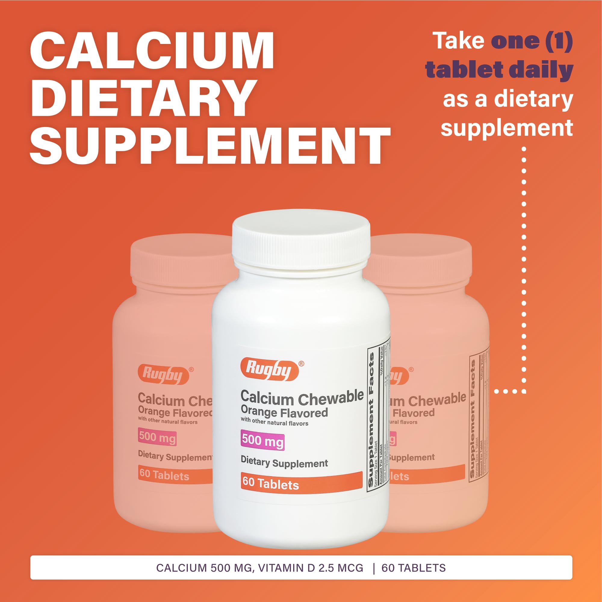 Rugby 500mg Calcium Chewable Tablets - Orange Flavor - 60 Count (1 Pack) | Dietary Supplement