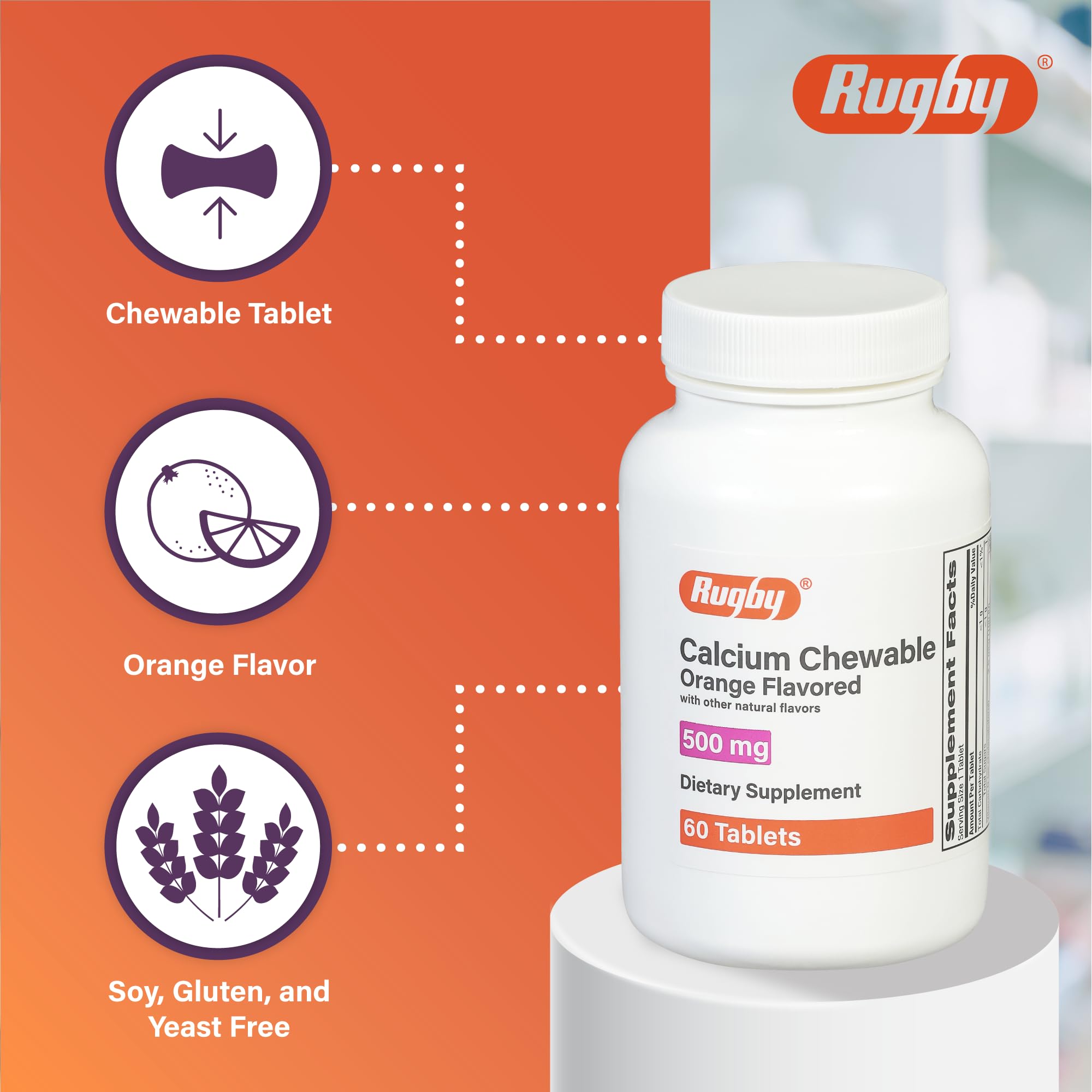 Rugby 500mg Calcium Chewable Tablets – Orange Flavor, Vitamin D 100 IU, 60 Count (3 Pack)