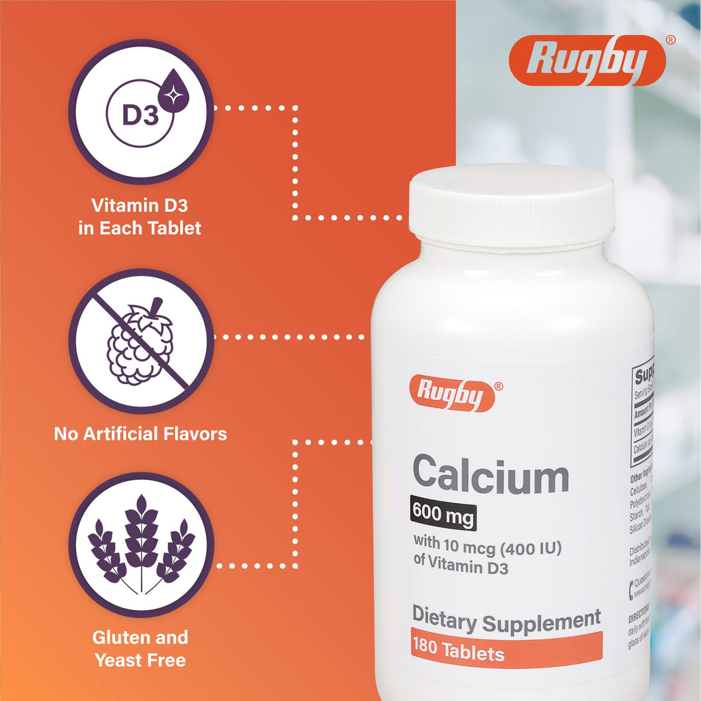 Rugby Calcium Tablets 600mg with Vitamin D3 10mcg (400IU) – 180 Count