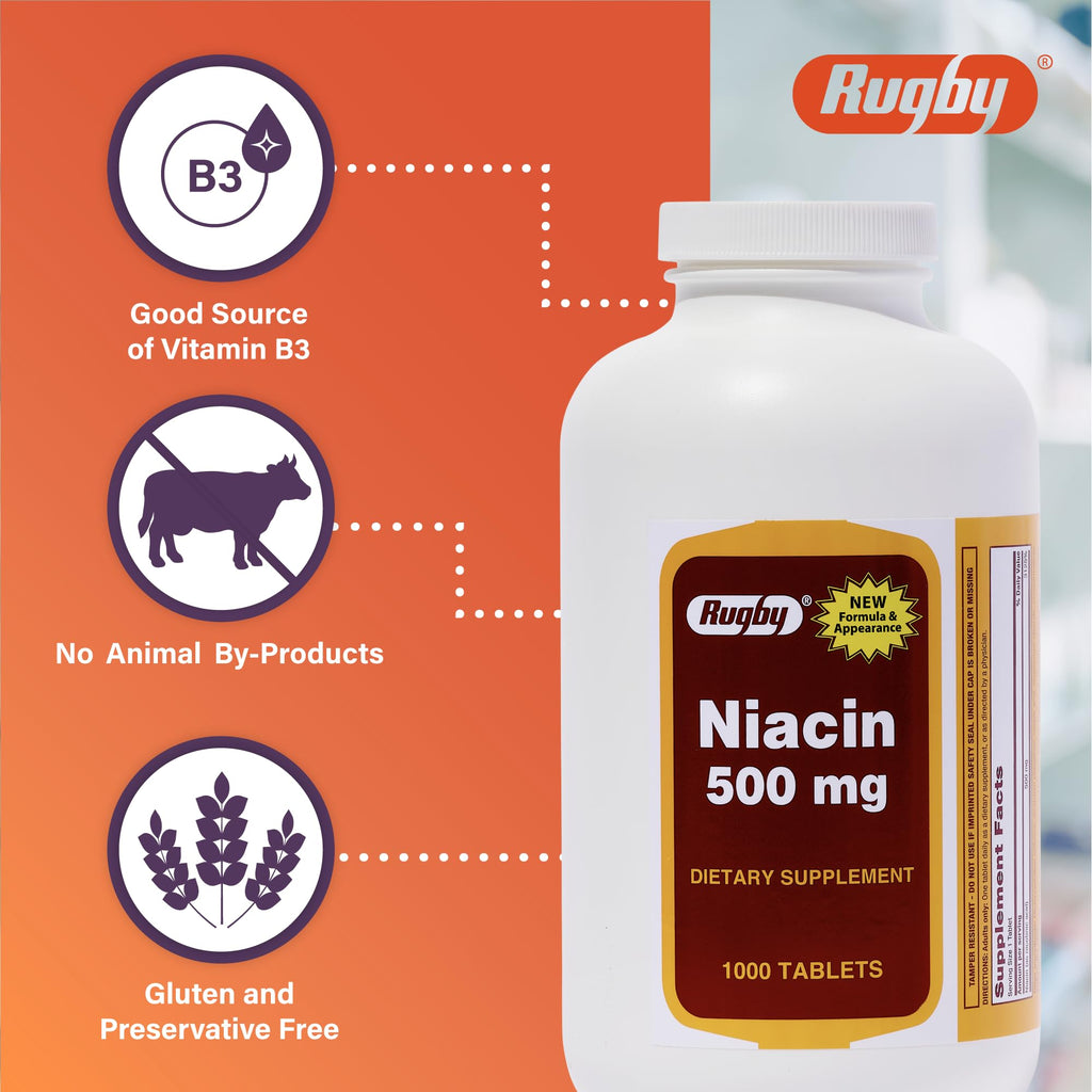 Rugby Niacin 500mg – Vitamin B3 Supplement for Men and Women (1,000 Tablets, 2-Pack) | Rugby Laboratories