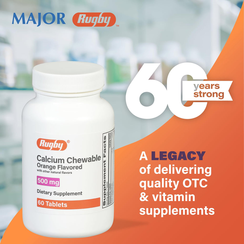 Rugby 500mg Calcium Chewable Tablets - Orange Flavor - 60 Count (1 Pack) | Dietary Supplement
