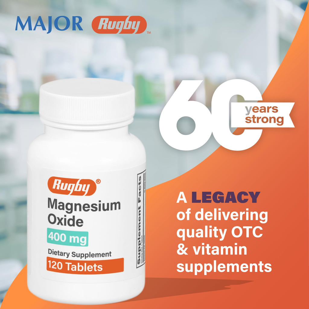 Rugby Magnesium Oxide 400 mg Tablets – Gluten-Free Dietary Supplement | 120 Count (3 Pack)