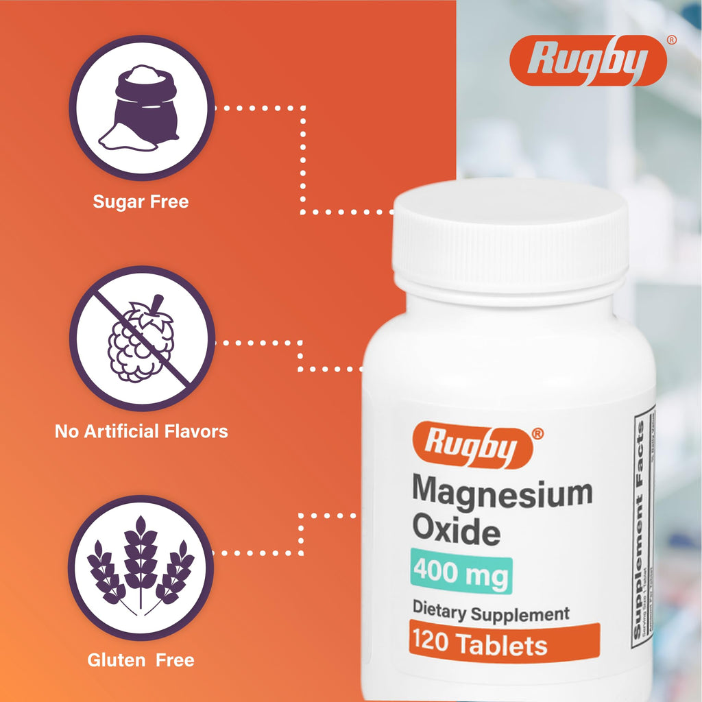 Rugby Magnesium Oxide 400 mg Tablets – Gluten-Free Dietary Supplement | 120 Count (3 Pack)
