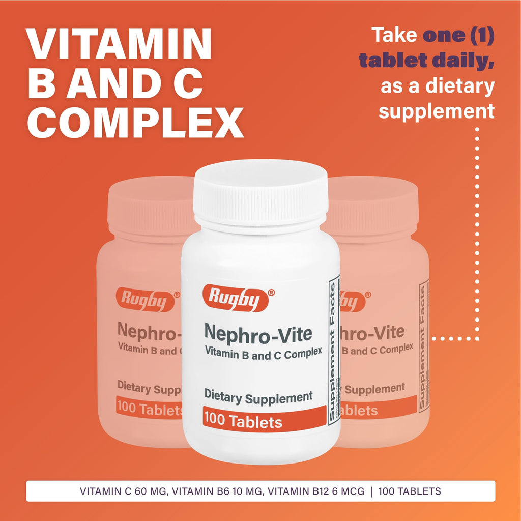 Rugby Nephro-Vite Vitamin B & C Complex Tablets - Dietary Supplement - 100 Count (2 Pack)