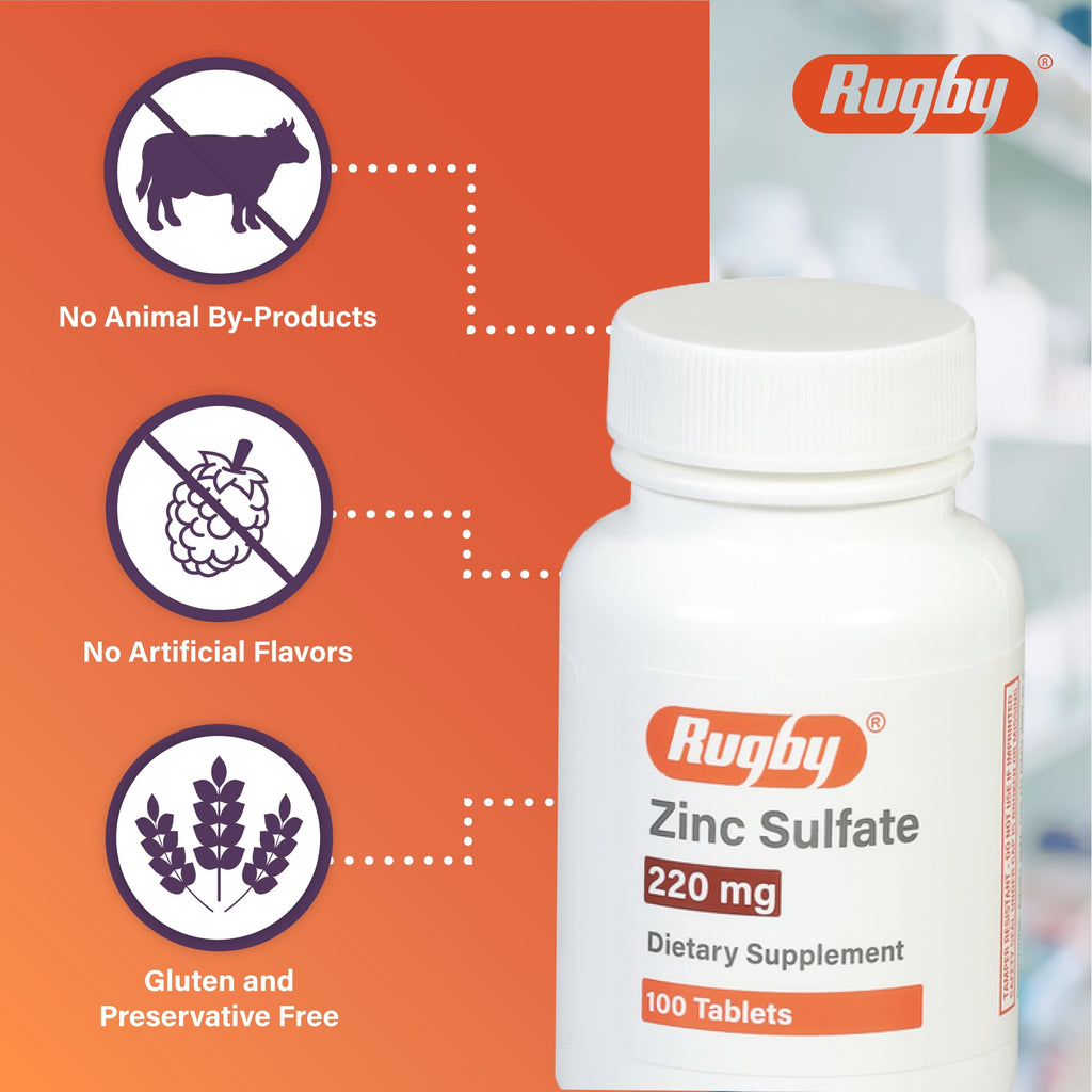 Rugby Zinc Sulfate 220 mg Tablets - Made with Zinc Sulfate Heptahydrate - Dietary Supplement - 100 Count (1 Pack)