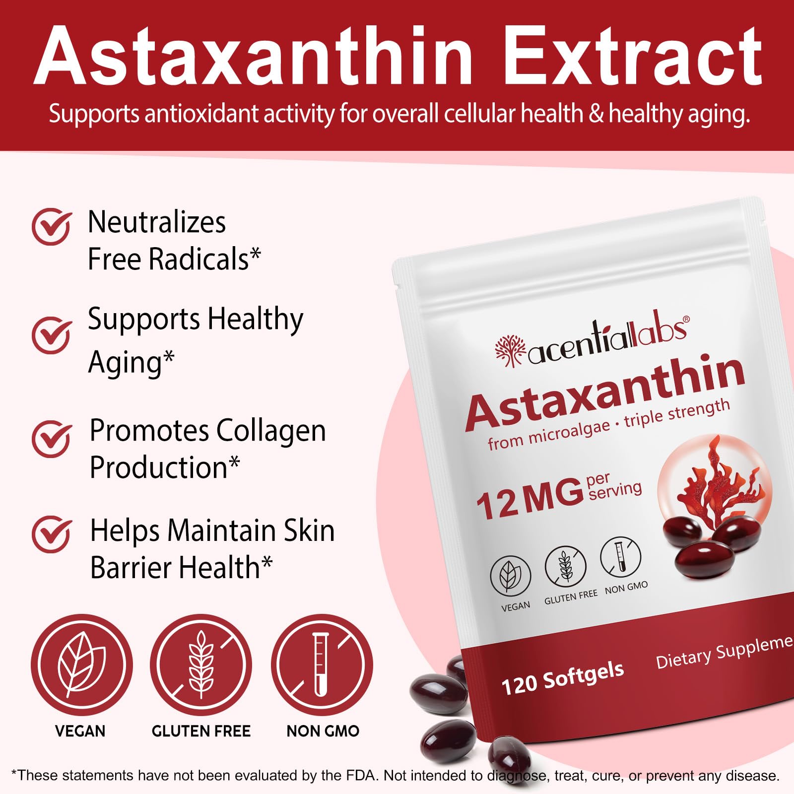 Rulviou Premium Astaxanthin 12mg | 120 Softgels | Eye, Skin & Joint Health | Non-GMO