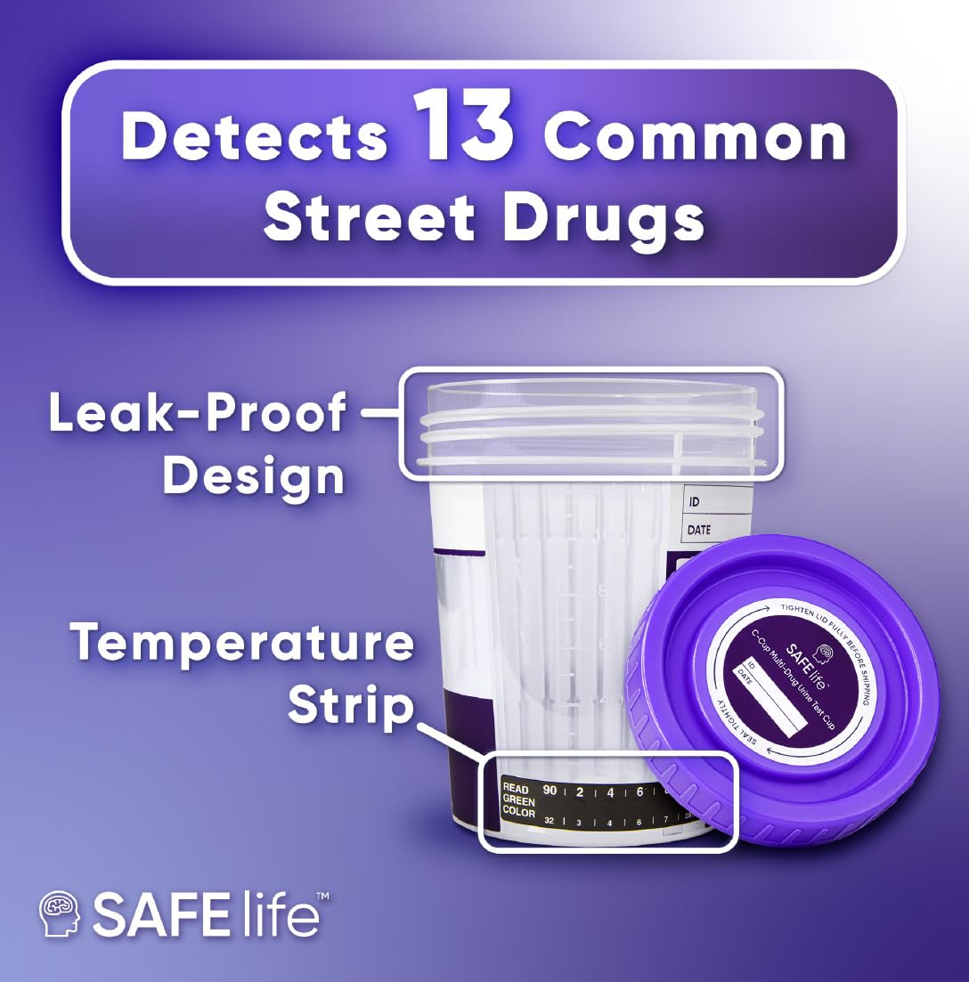 SAFE LIFE 13 Panel Urine Cup 25 Pack - Drug Test Kit (AMP500, BAR, BUP, BZO, COC150, MDMA, MET500, MOP300, MTD, OXY, PCP, TCA) + 3 Adulterants (CR, SG, PH) | OTC CLIA-Waived