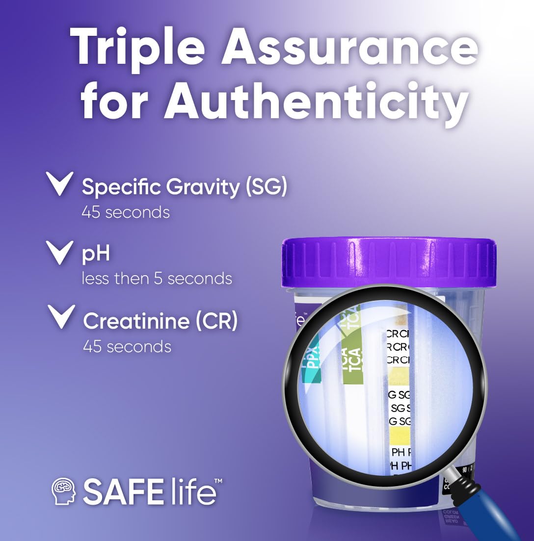 SAFE LIFE 13 Panel Urine Cup 25 Pack - Drug Test Kit (AMP500, BAR, BUP, BZO, COC150, MDMA, MET500, MOP300, MTD, OXY, PCP, TCA) + 3 Adulterants (CR, SG, PH) | OTC CLIA-Waived