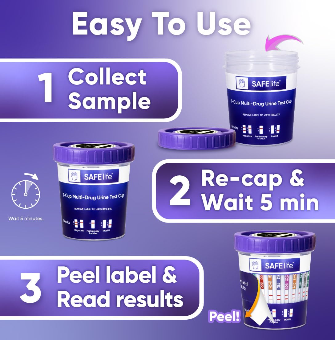 SAFE LIFE 13 Panel Urine Cup 25 Pack - Drug Test Kit (AMP500, BAR, BUP, BZO, COC150, MDMA, MET500, MOP300, MTD, OXY, PCP, TCA) + 3 Adulterants (CR, SG, PH) | OTC CLIA-Waived