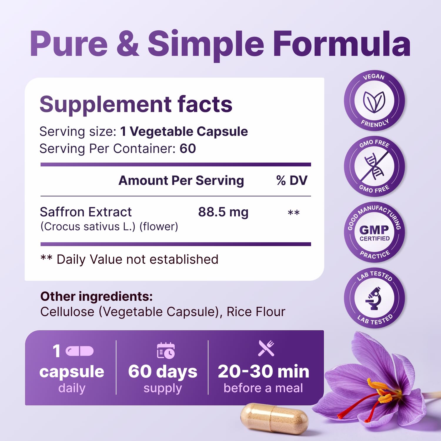 Pure Saffron Extract 88.5 mg - Mood, Focus & Vision Support | Made in USA | 60 Capsules