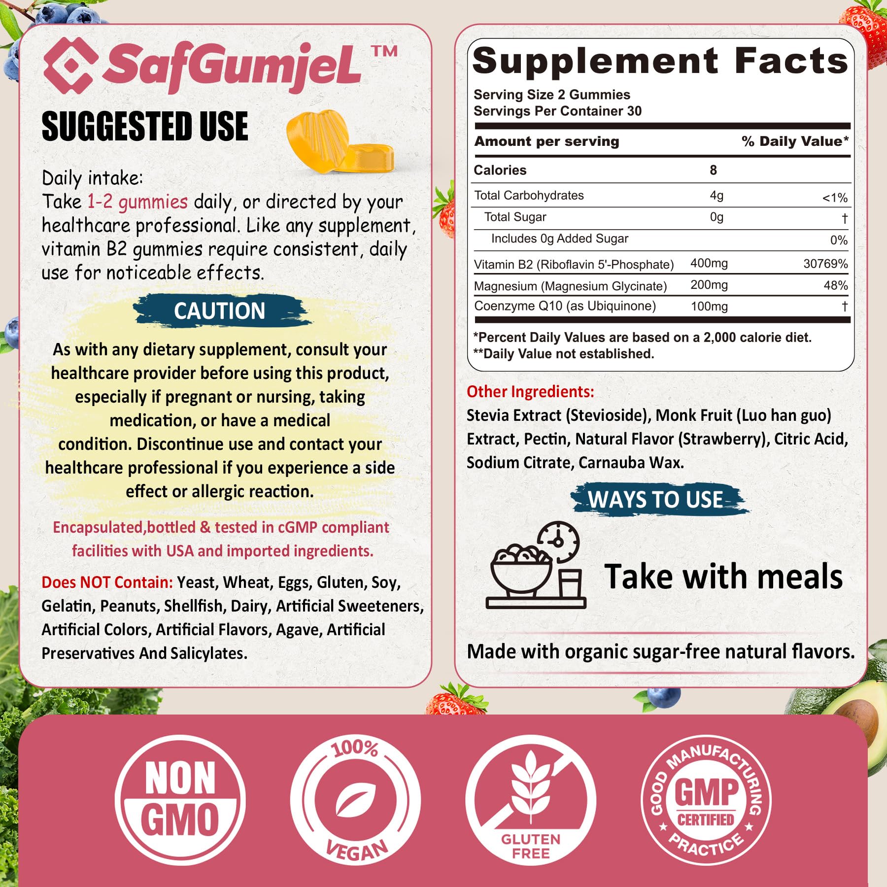 Safgumjel Vitamin B2 Gummies – Riboflavin 400mg for Adults & Kids with Magnesium & CoQ10 for Energy & Migraine Relief | Sugar Free, Vegan, Non-GMO | 120 Count