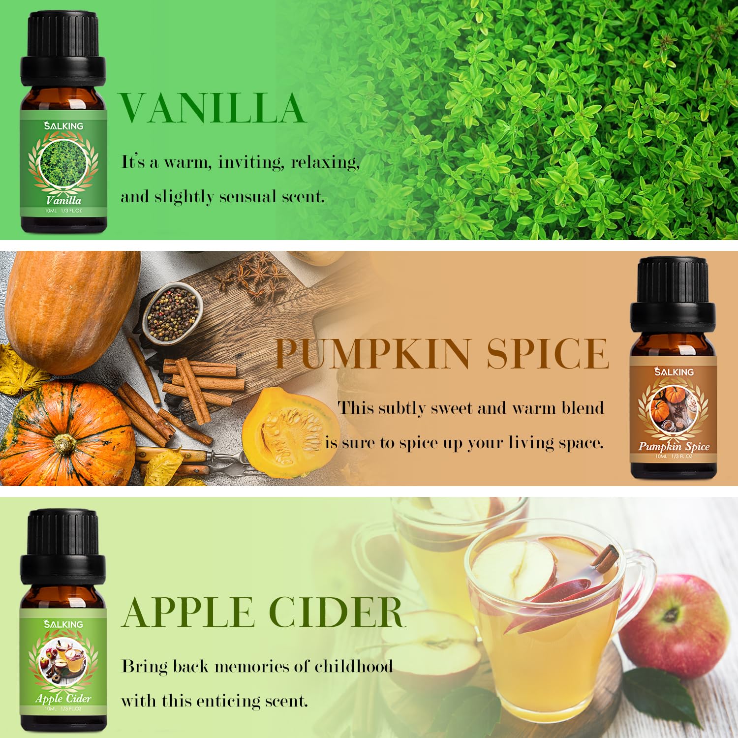 SALKING Autumn Fragrance Oils – Premium Fall Essential Oils for Diffuser, Soap & Candle Making | Cinnamon, Pumpkin Spice, Apple Cider, Vanilla, Pine, Snickerdoodle
