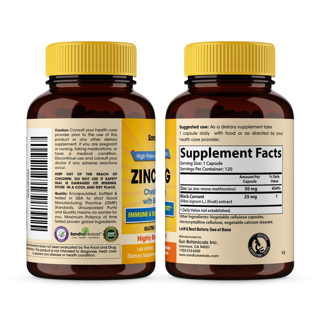 Zinc Supplements for Men and Women – Zinc 50mg with Black Currant | 120 Vegetarian Capsules | Immune Support & Skin Health