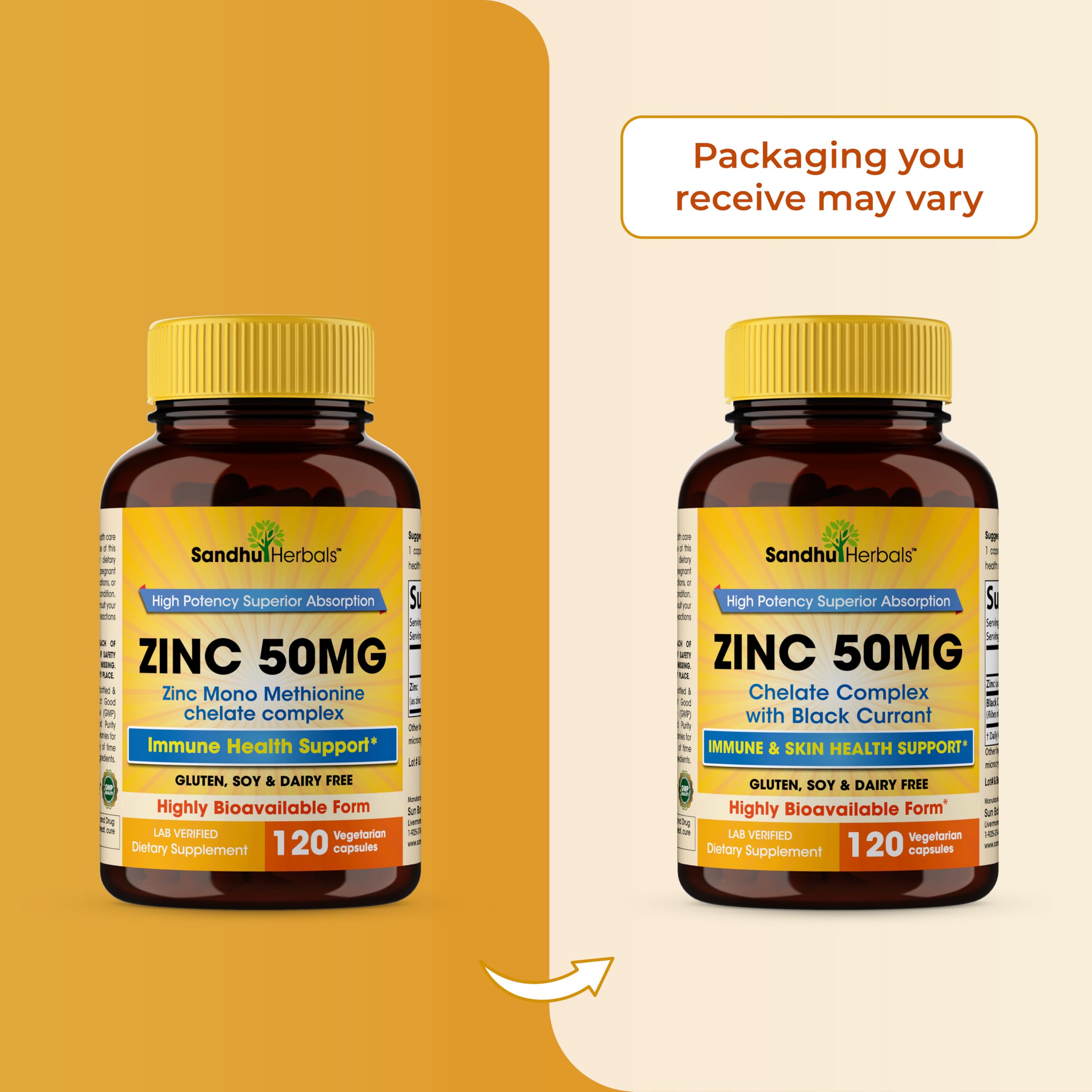 SANDHUHERBALS Zinc Supplements with Black Currant for Men and Women | Zinc 50mg 120 Vegetarian Capsules (Pack of 2) | Highly Absorbable for Immune Support | Zink 50 mg Supplement Supports Skin Health