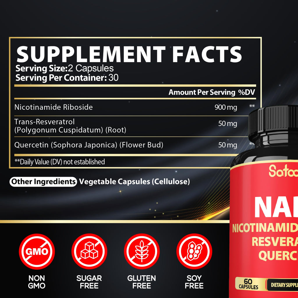 Satoomi NAD Supplement with Nicotinamide Riboside NR, Resveratrol, Quercetin - 60 Count - 30 Days