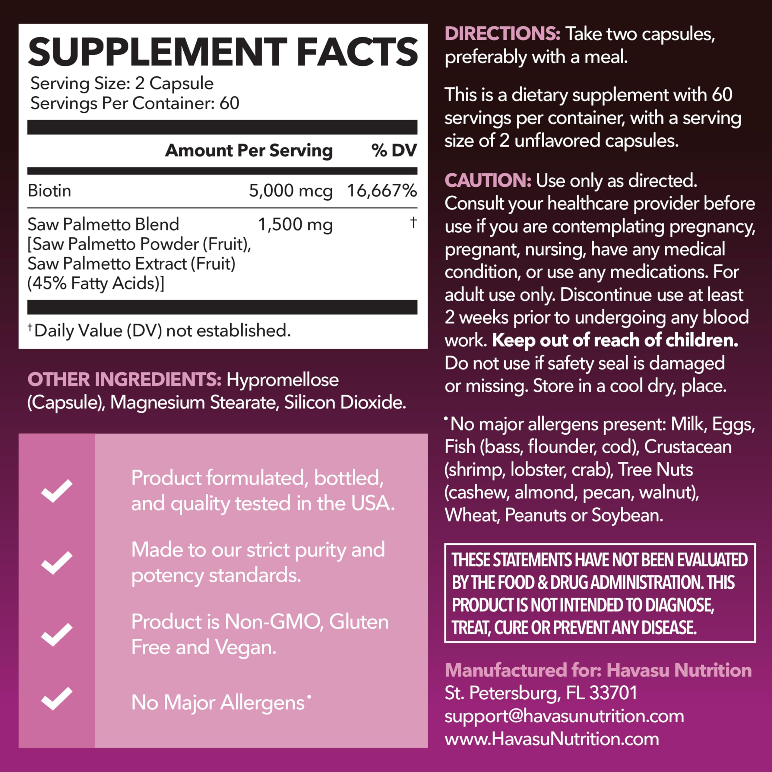 HAVASU Nutrition Saw Palmetto with Biotin 5000mcg - Vegan, Non-GMO DHT Support for Hair, Skin & Nails - 120 Count