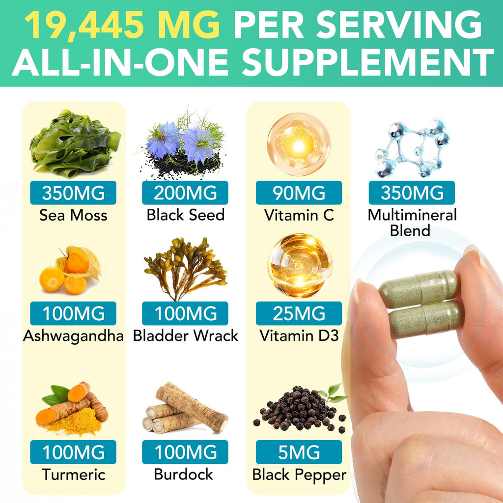 Sea Moss Black Seed Oil Capsule – Ashwagandha & Ginger | Immunity & Energy | 60 Count