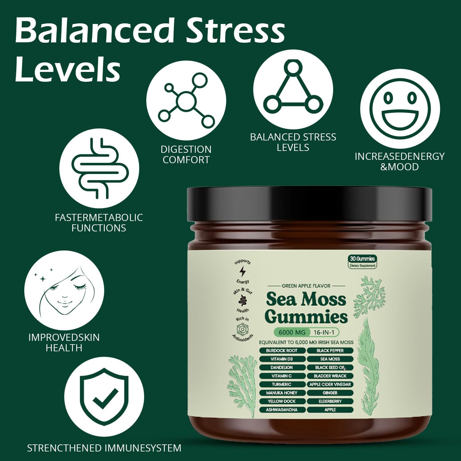 Sea Moss Gummies 16-in-1 – High-Potency Blend with Black Seed Oil, Vitamin C & D3 (Green Apple)