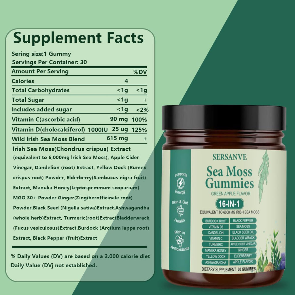 Sea Moss Gummies 16-in-1, with Black Seed Oil, Ashwagandha & Elderberry | Irish Sea Moss Supplement for Men & Women | Daily Wellness Support with Manuka, Burdock Root & Vitamins C & D3, 30 Gummies