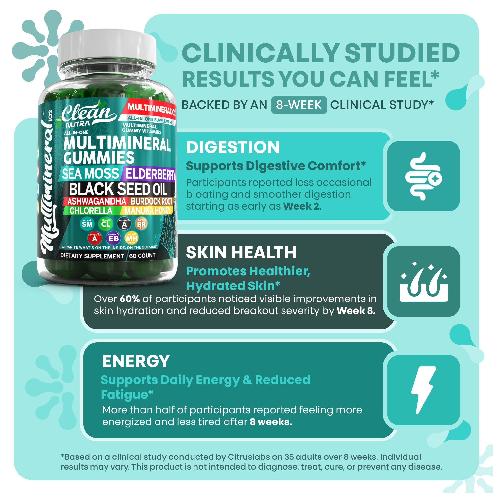 Sea Moss Gummies | Clinically Tested Vegan Irish Sea Moss Gummy Vitamins with Black Seed Oil, Ashwagandha, Elderberry, Burdock Root, Chlorella & Manuka Honey | Green Apple Flavor