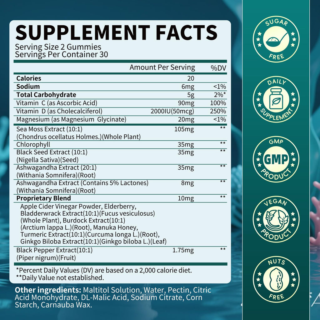 Sea Moss Gummies with Ashwagandha & Chlorophyll – Immune, Digestive & Gut Detox Support | Vegan, Non-GMO, Apple Flavor, 120 Gummies