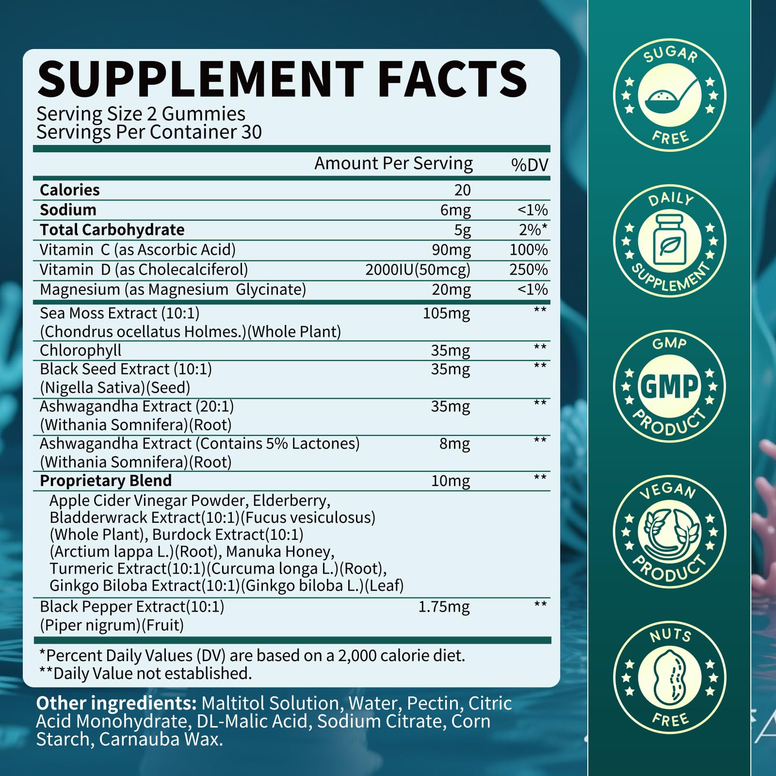 Sea Moss Gummies with Ashwagandha & Chlorophyll – Immune, Digestive & Gut Detox Support | Vegan, Non-GMO, Apple Flavor, 120 Gummies