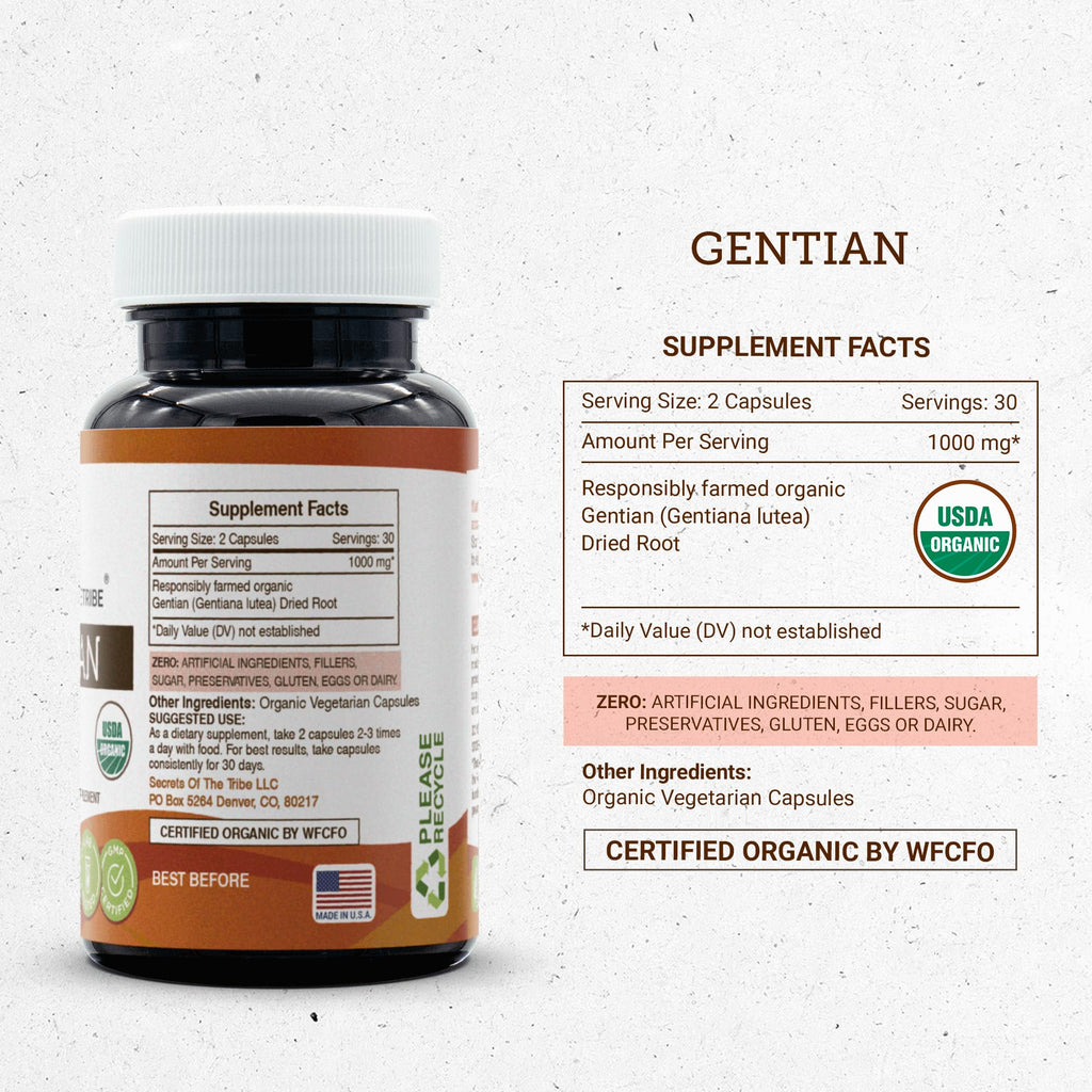 Secrets of the Tribe Gentian USDA Organic Capsules – Vegetarian Herbal Supplement (60 Count)