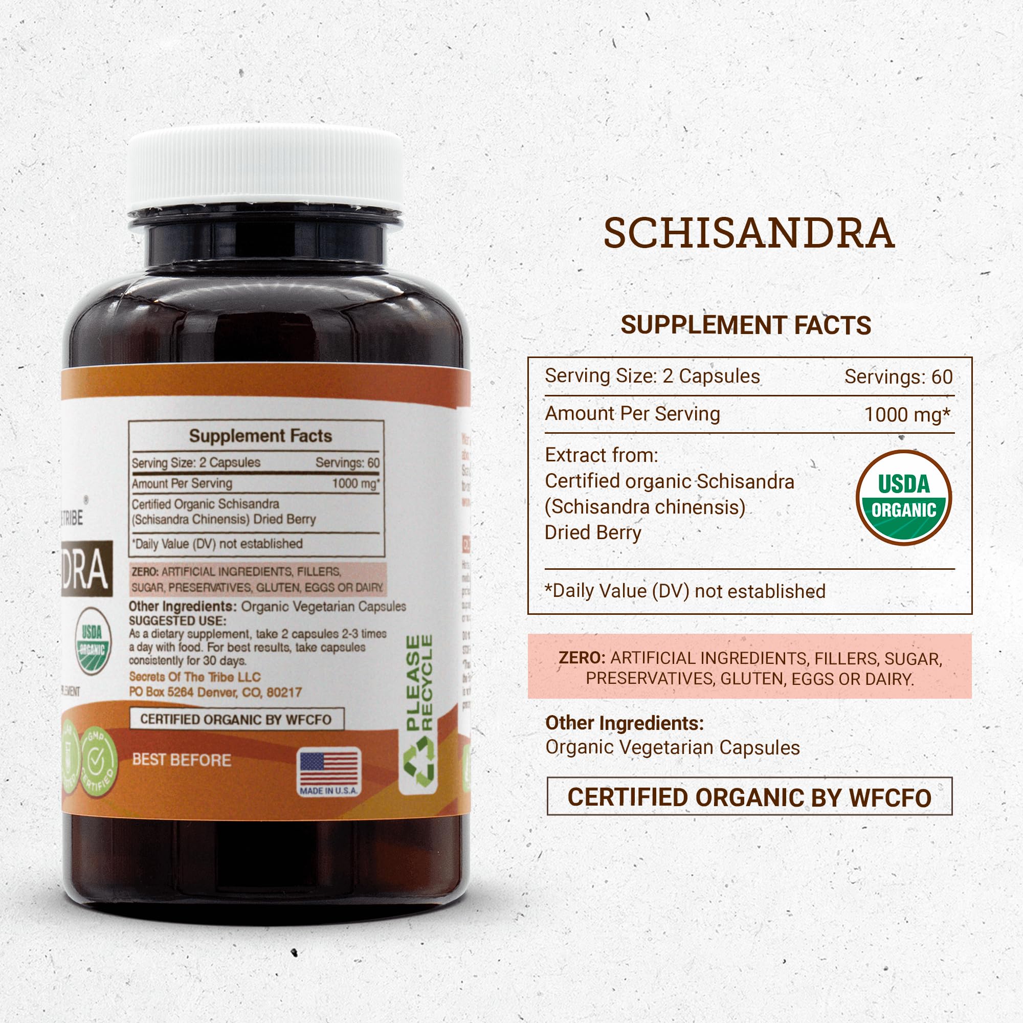 Secrets of the Tribe Schisandra 120 Capsules, 1000 mg, USDA Organic Schisandra (Schisandra Chinensis) Dried Berry (120 Capsules)