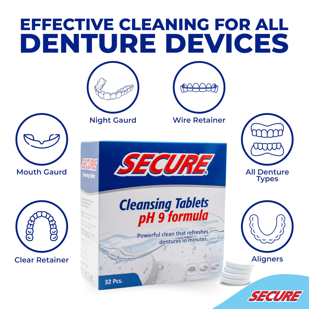 Secure pH 9 Denture Cleaner Tablets – For Dentures, Retainers & Nightguards (32 Count, 3-Pack)