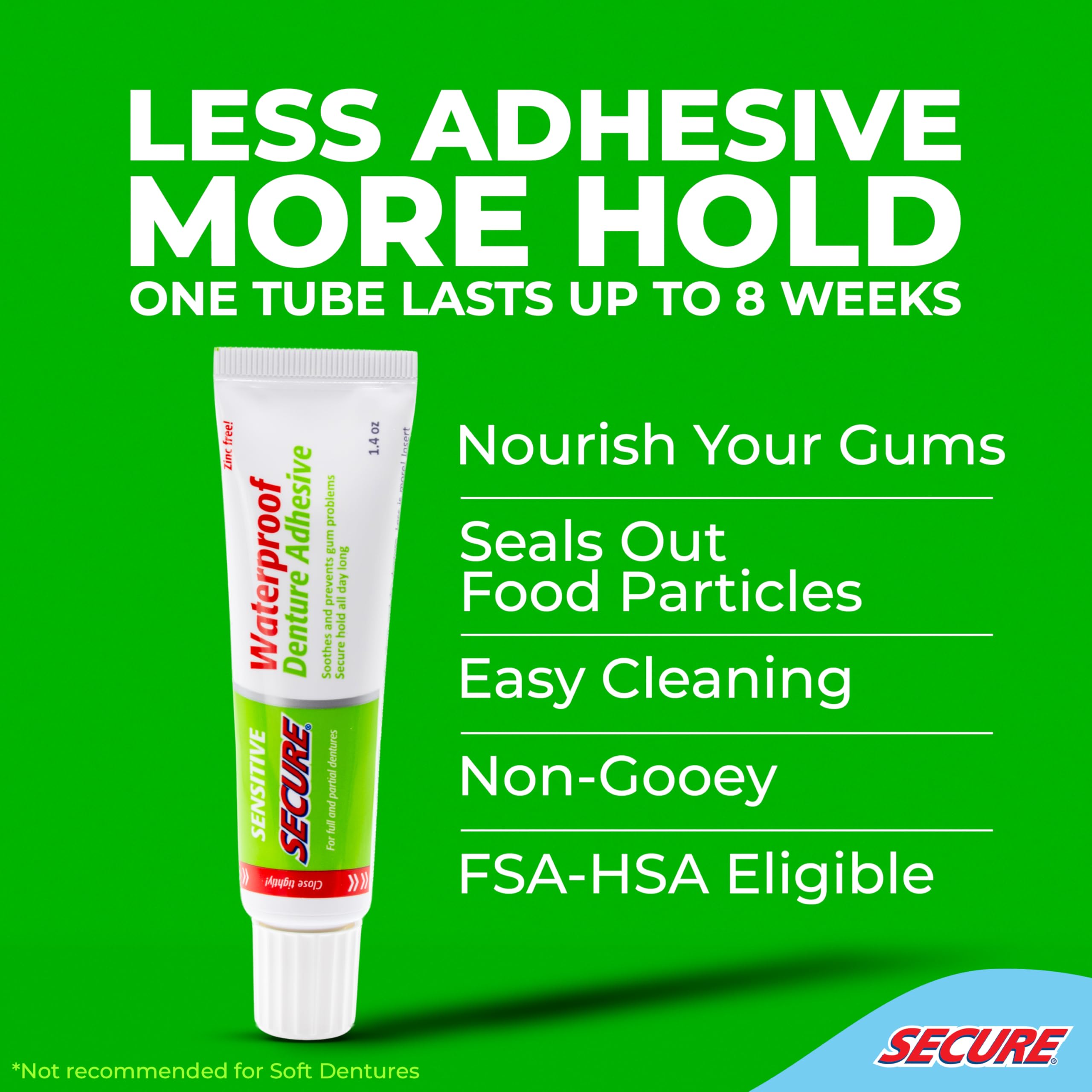 Secure Sensitive Gums Waterproof Denture Adhesive – Zinc Free with Aloe Vera & Myrrh | Extra Strong 12 Hour Hold | 1.4 oz Pack of 4