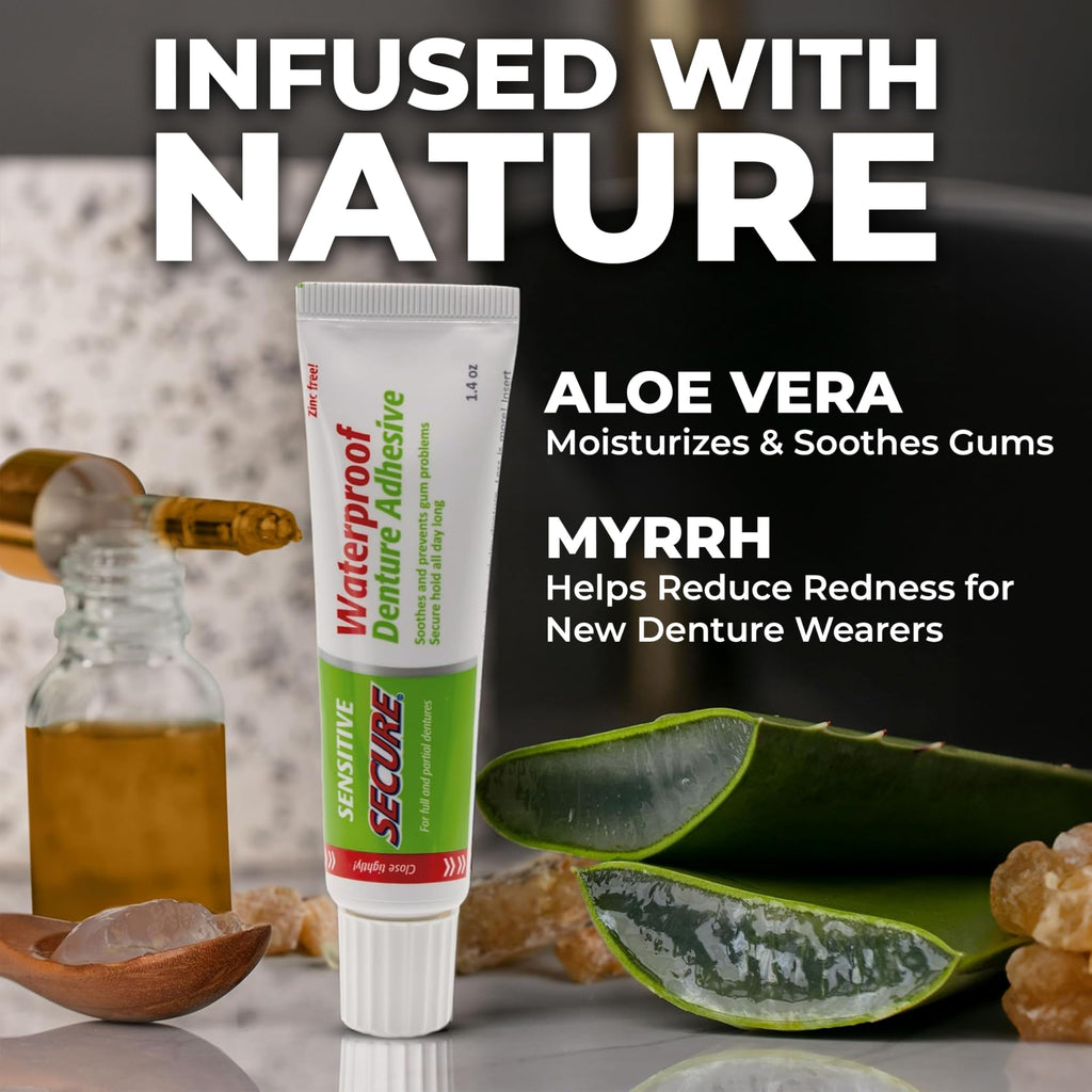 Secure Sensitive Gums Waterproof Denture Adhesive – Zinc Free with Aloe Vera & Myrrh | Extra Strong 12 Hour Hold | 1.4 oz Pack of 4