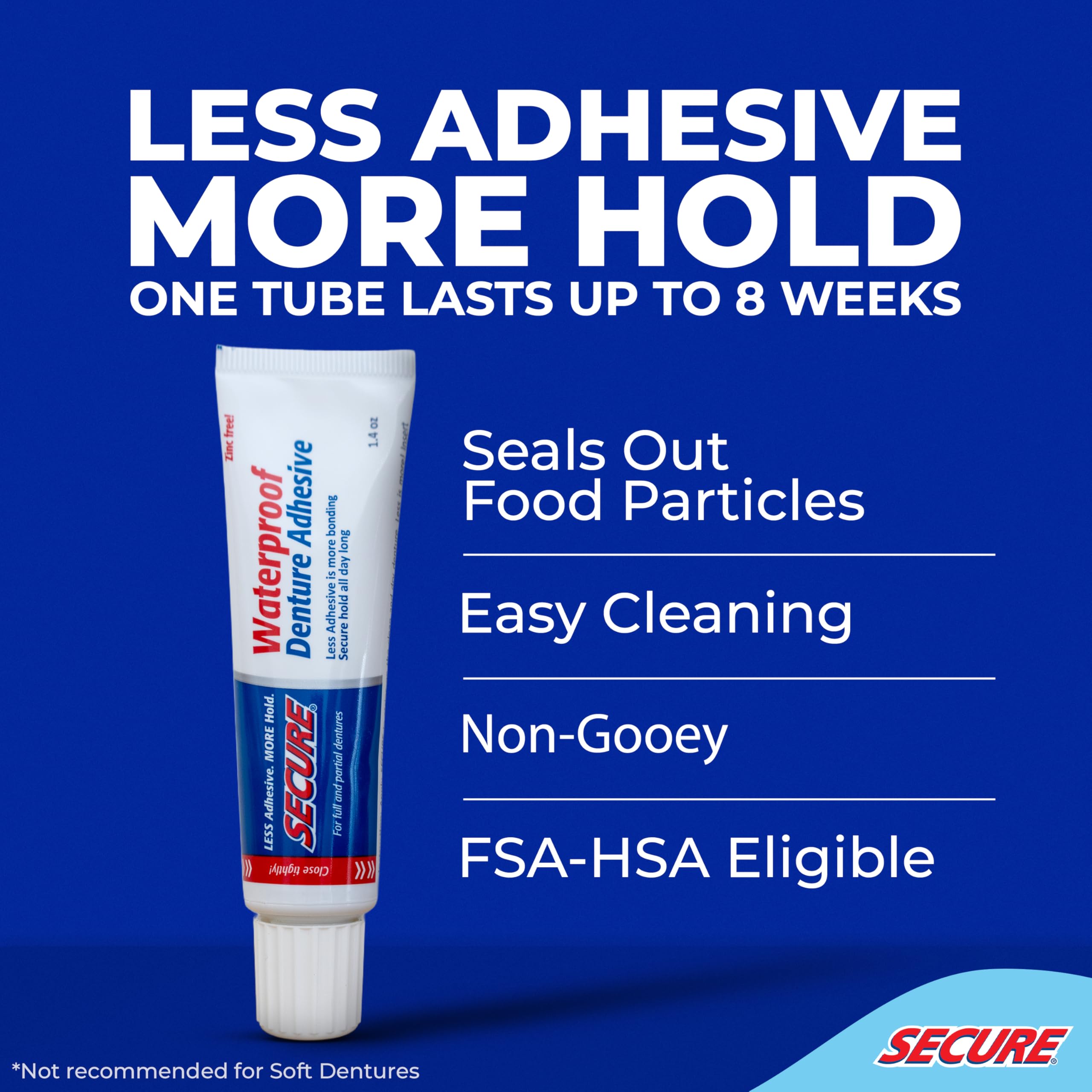 Secure Waterproof Denture Adhesive - Zinc Free, Extra Strong Hold for Upper, Lower or Partials - 1.4 oz (Pack of 5)