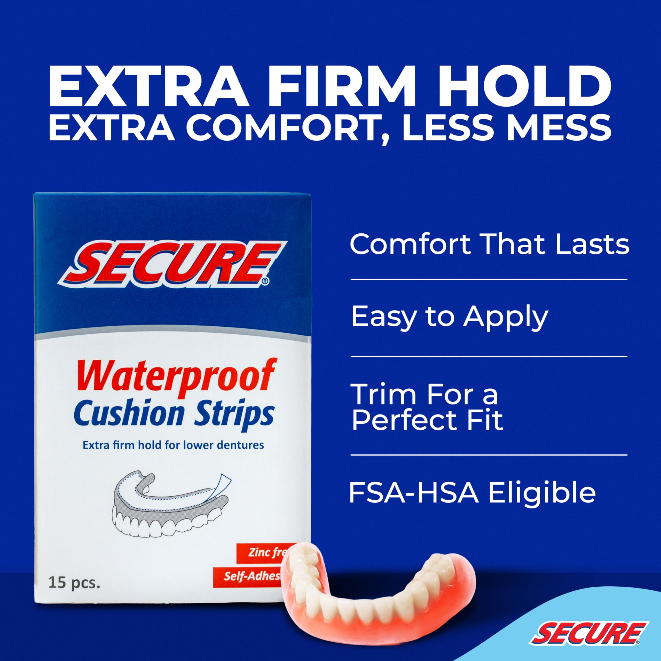 Secure Denture Adhesive Strips – Zinc-Free, Waterproof, All-Day Hold (120 Strips, 8 Pack)