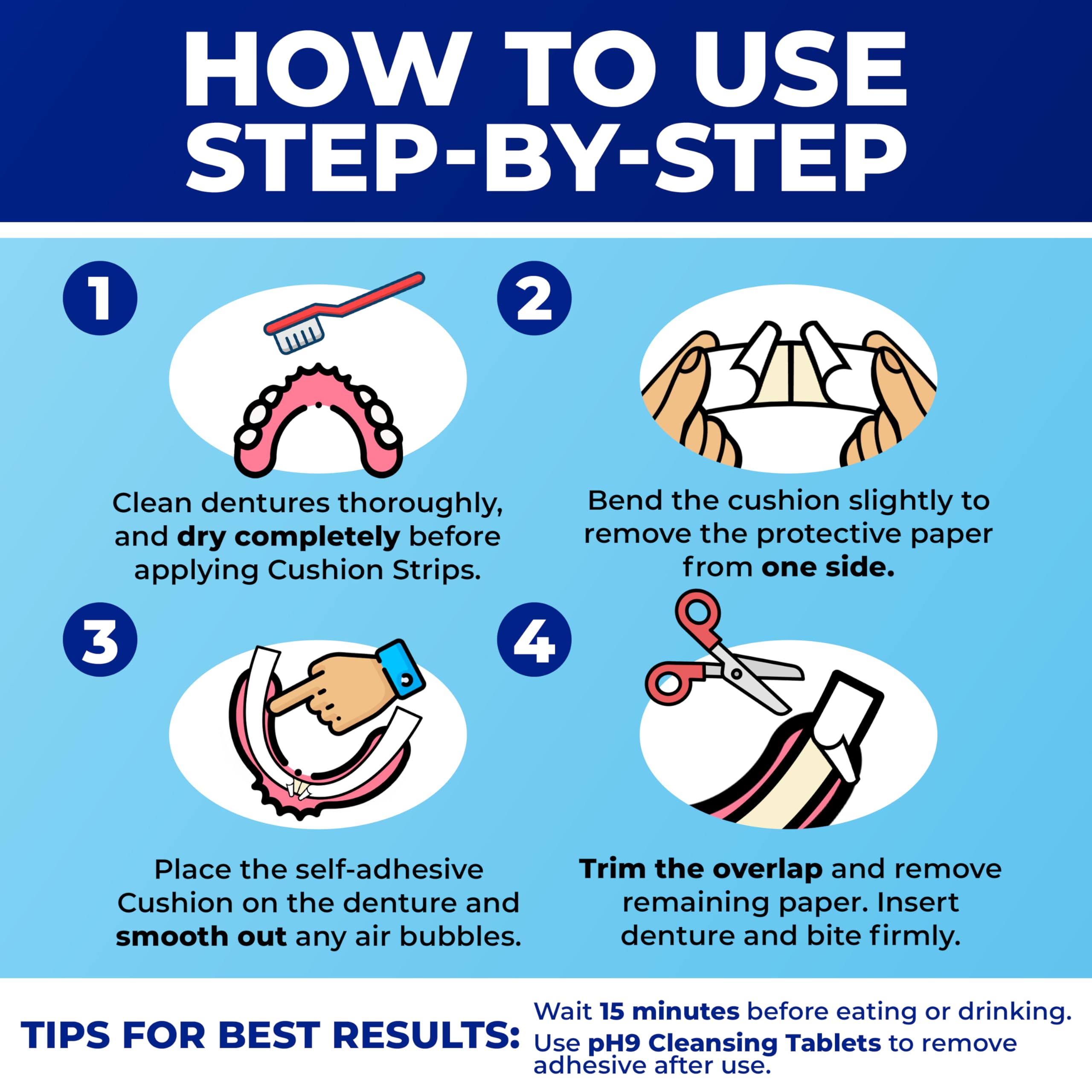 Secure Denture Adhesive Strips – Zinc-Free, Waterproof, All-Day Hold for Lower Dentures (2 Pack, 30 Strips)