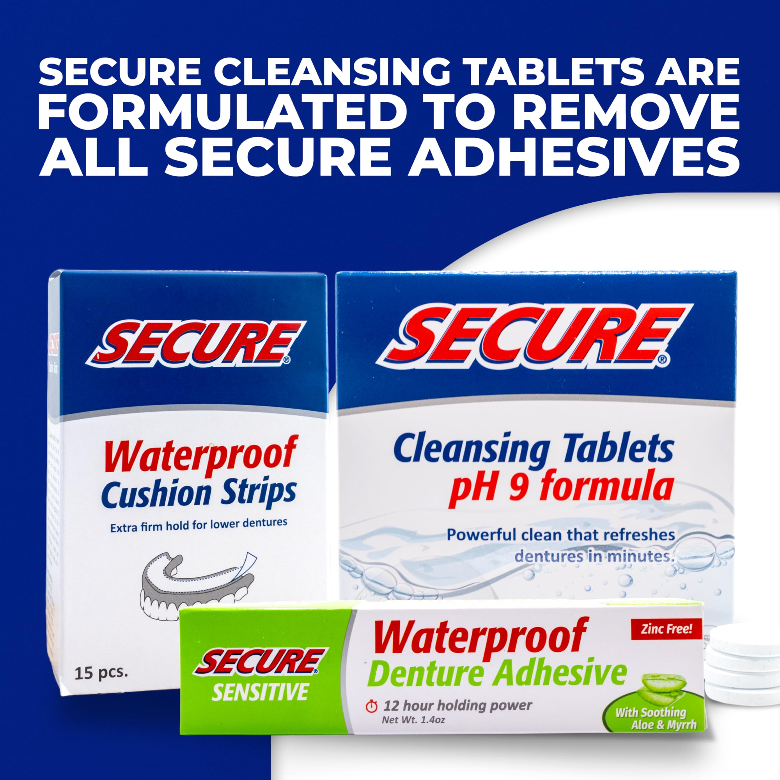 Secure Sensitive Gums Waterproof Denture Adhesive – Zinc Free with Aloe Vera & Myrrh | Extra Strong 12 Hour Hold | 1.4 oz Pack of 4