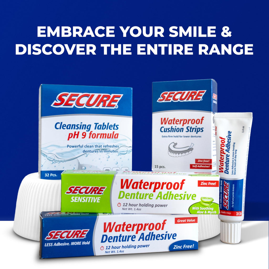 Secure Waterproof Denture Adhesive - Zinc-Free, Extra Strong Hold (1.4 oz, Pack of 8)