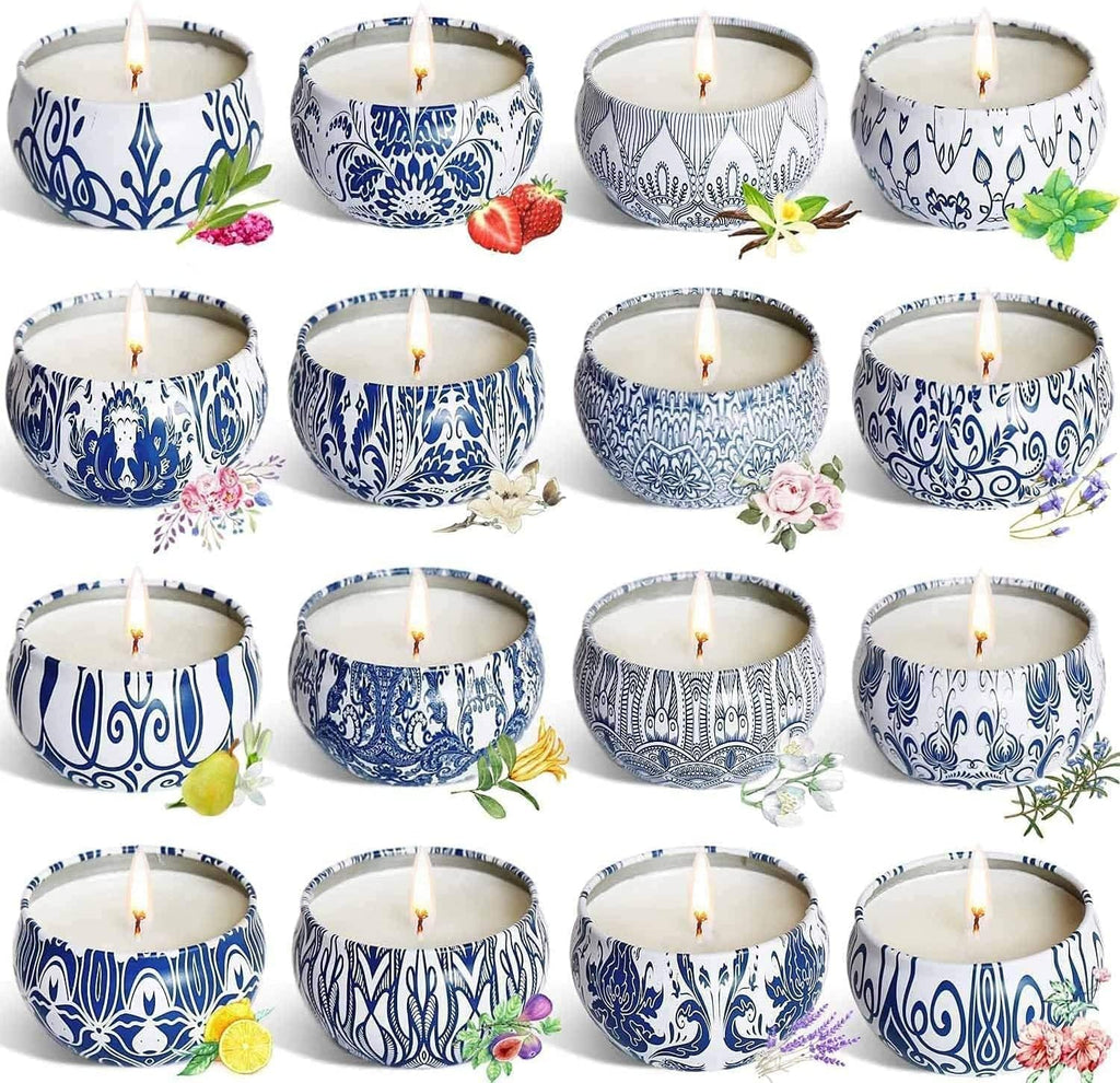 Set of 16 Scented Candles Gifts – Travel Tin Jars, 2.5 oz