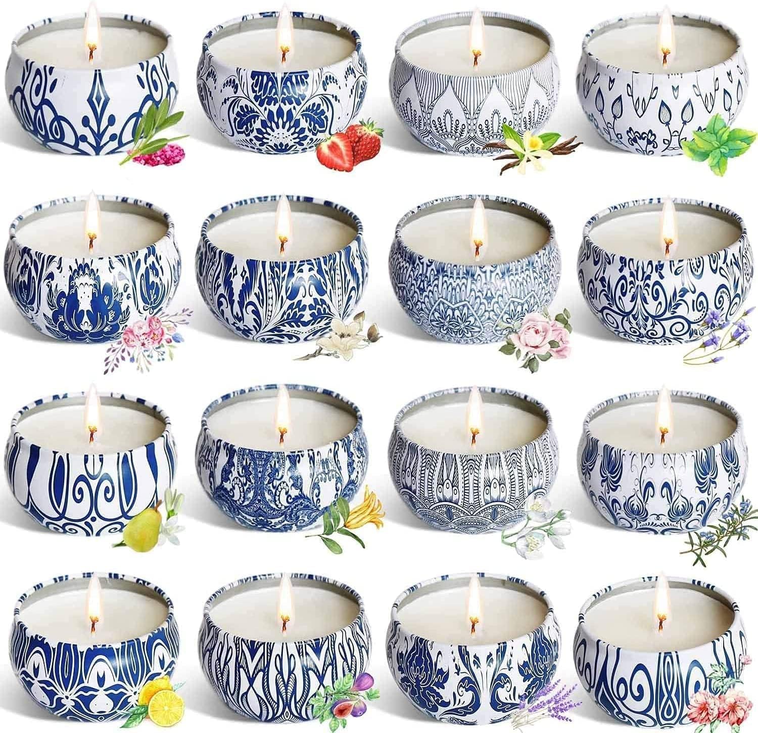 Set of 16 Scented Candles Gifts – Travel Tin Jars, 2.5 oz