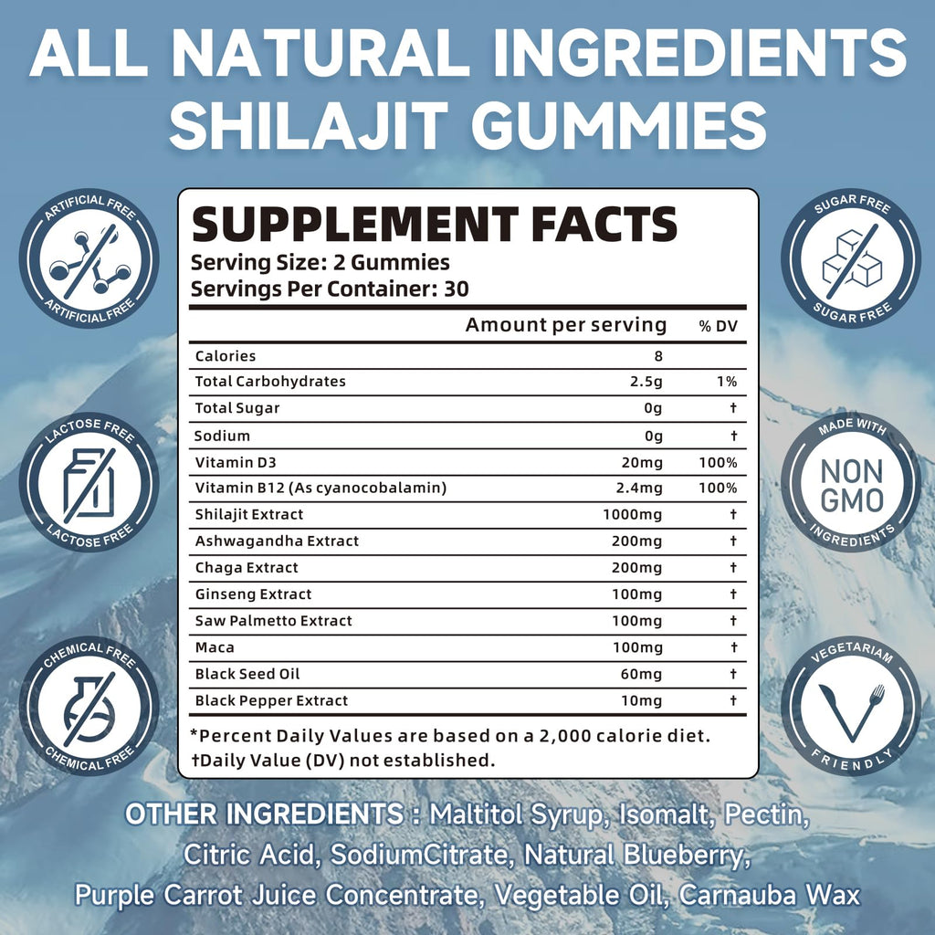 Shilajit Gummies 1000mg Sugar Free - 60 Gummies - 85+ Minerals & Fulvic Acid