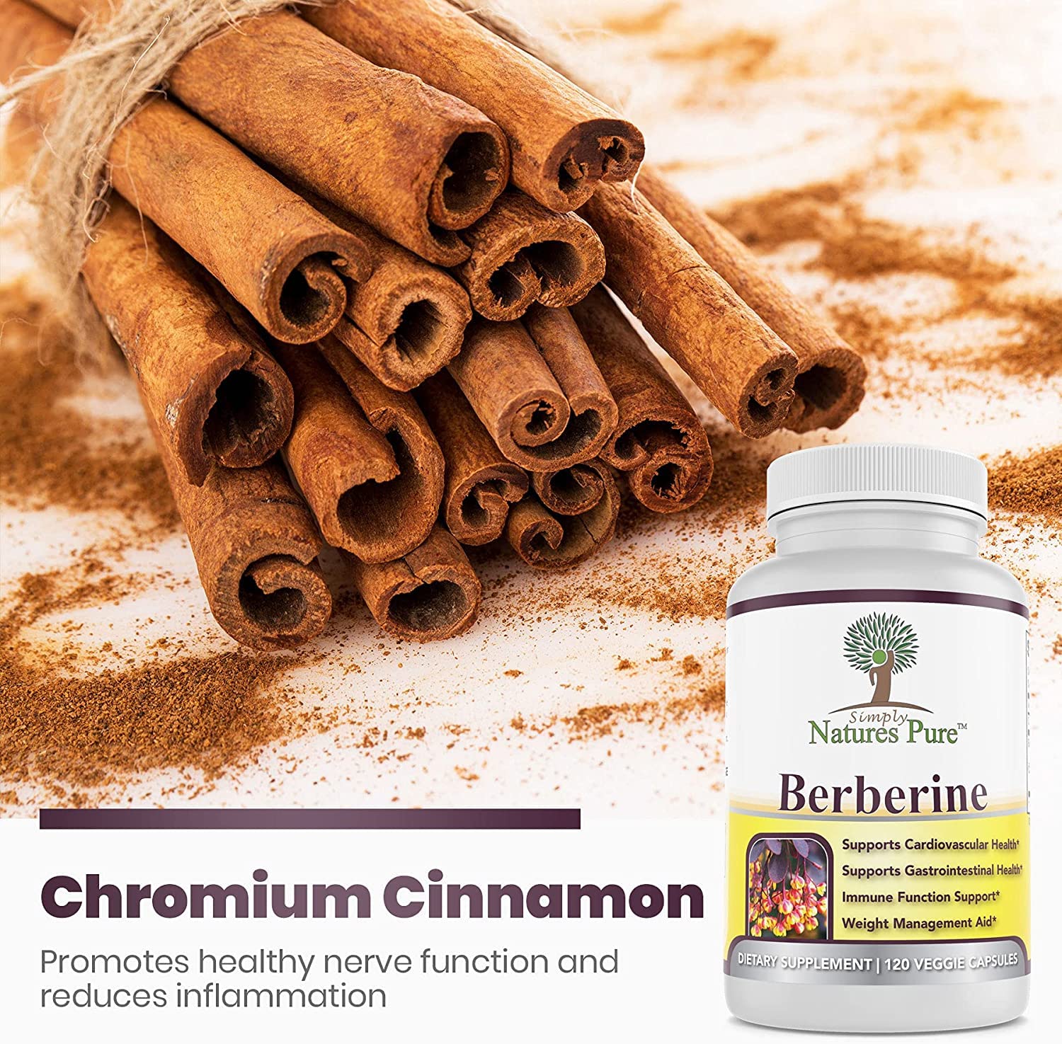 Simply Natures Pure Premium Berberine HCl 500mg - 120 Capsules - Cardiovascular GI Immune Support - Chromium Cinnamon (Pack of 3)