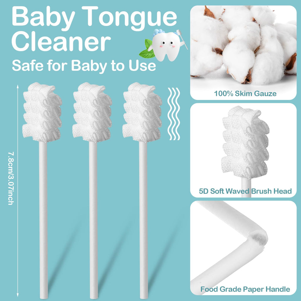 Singhoow 200Pcs Baby Tongue Cleaners + 4 Finger Toothbrushes - Disposable Gauze (Blue)