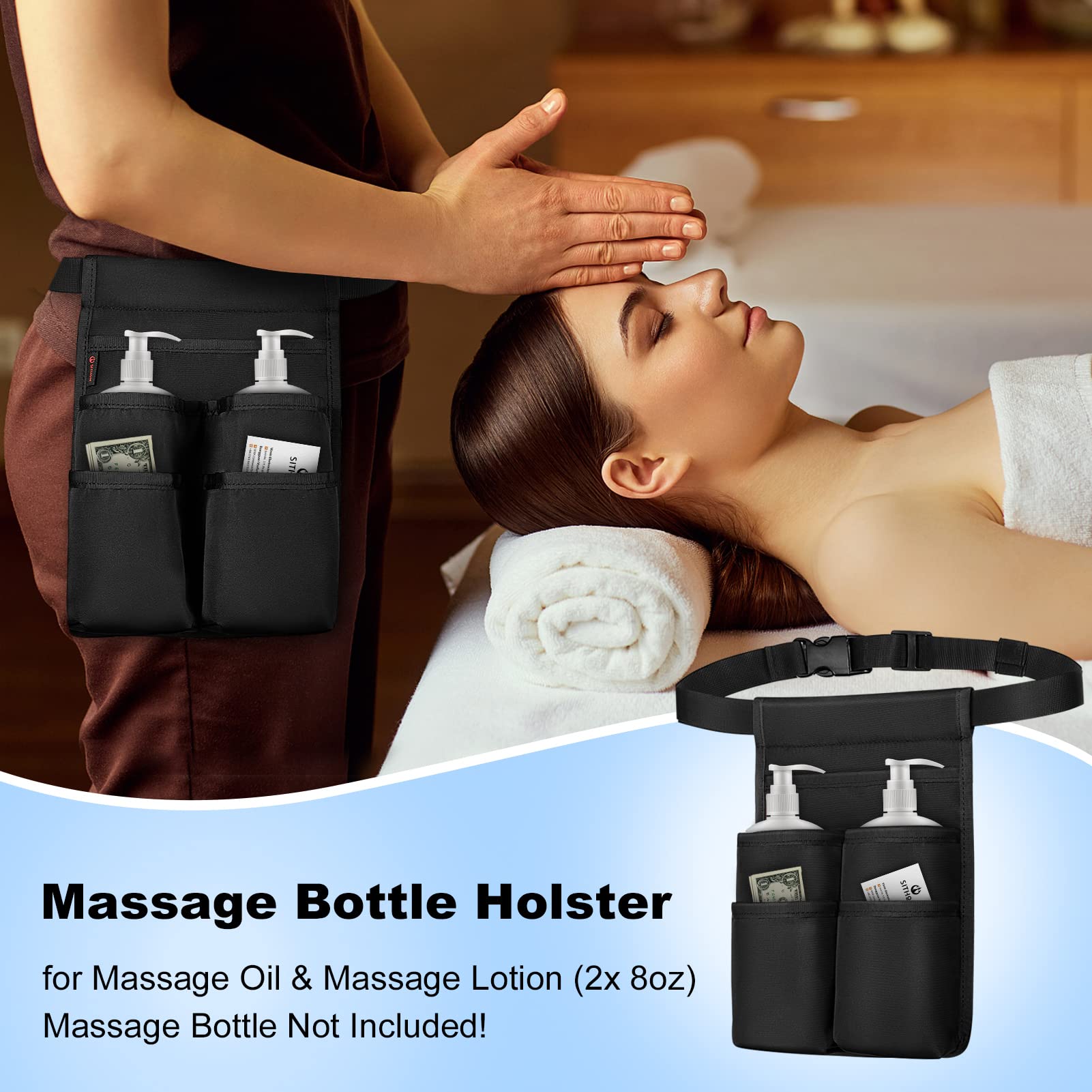 SITHON Massage Bottle Bag, Professional Massage Therapist Holster for 2 Bottles, Lotion Oil Waist Holder Organizer with Adjustable Belt, Multiple Pockets (Bag Only) (Black)