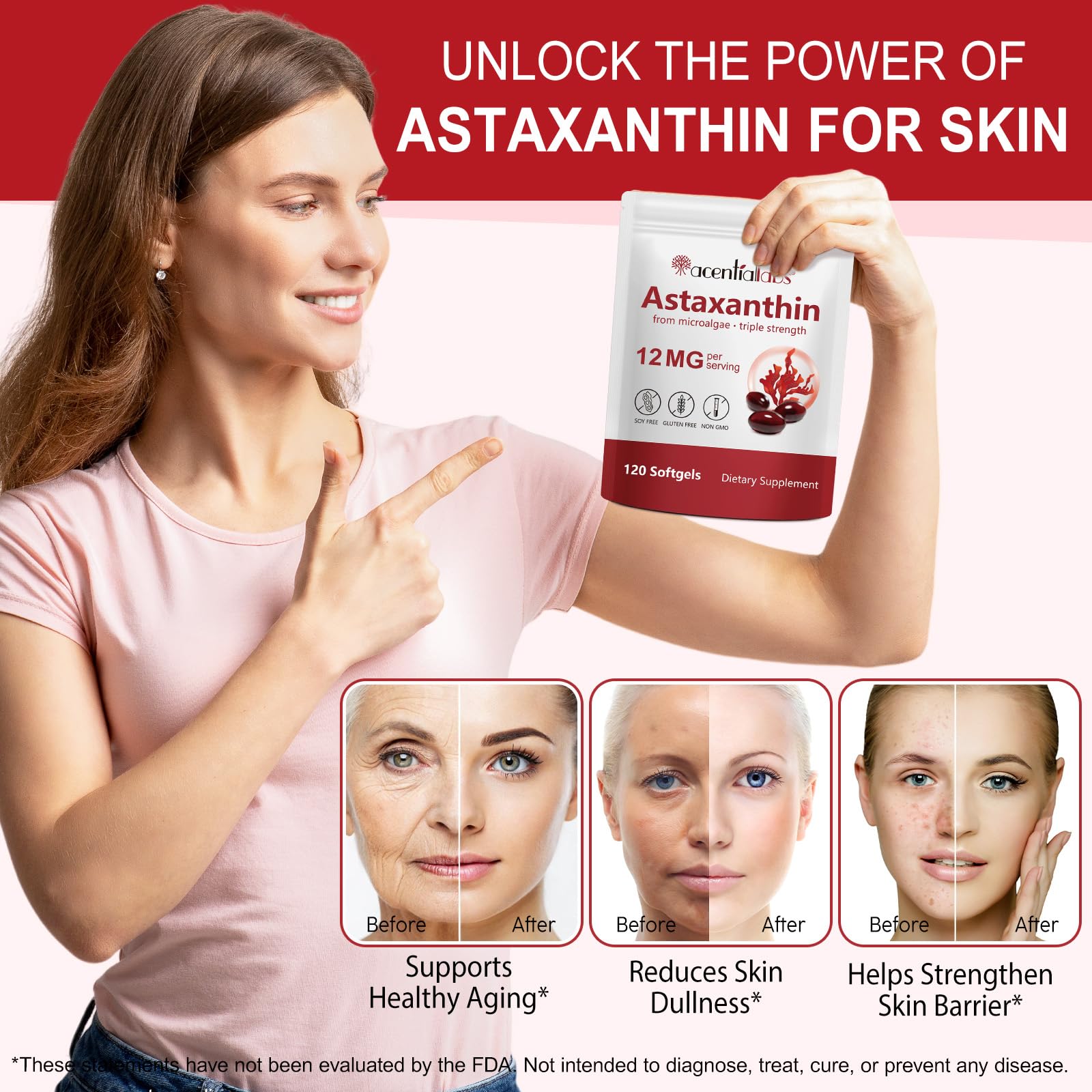 Astaxanthin 12mg Softgels 120 - Premium Antioxidant (Non-GMO & Gluten-Free) for Eye, Skin & Immune Support