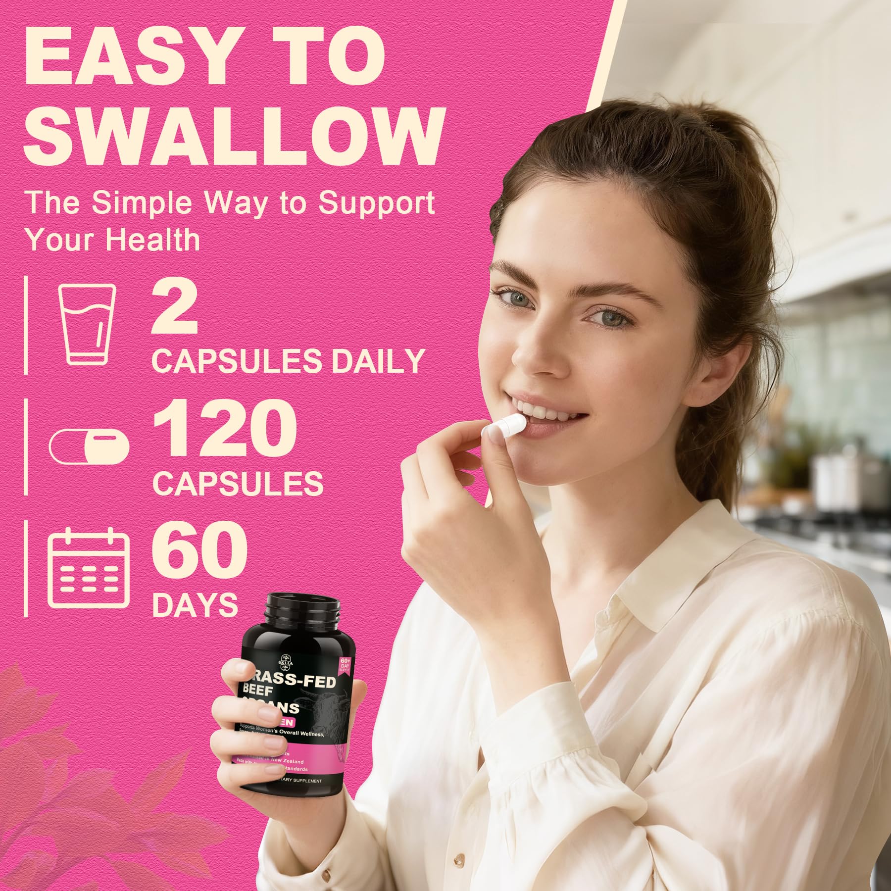 SKLIA Beef Organ Supplement for Women — Grass-Fed NZ Liver, Kidney, Heart, Uterus & Ovary for Energy & Wellness